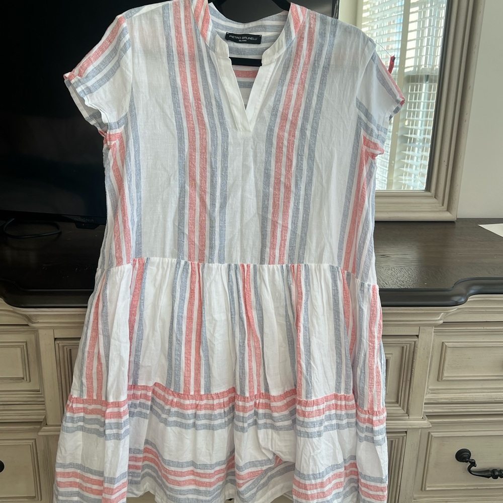 Pietro Brunelli White Dress with Red and Blue Stripes. gorgeous maternity dress